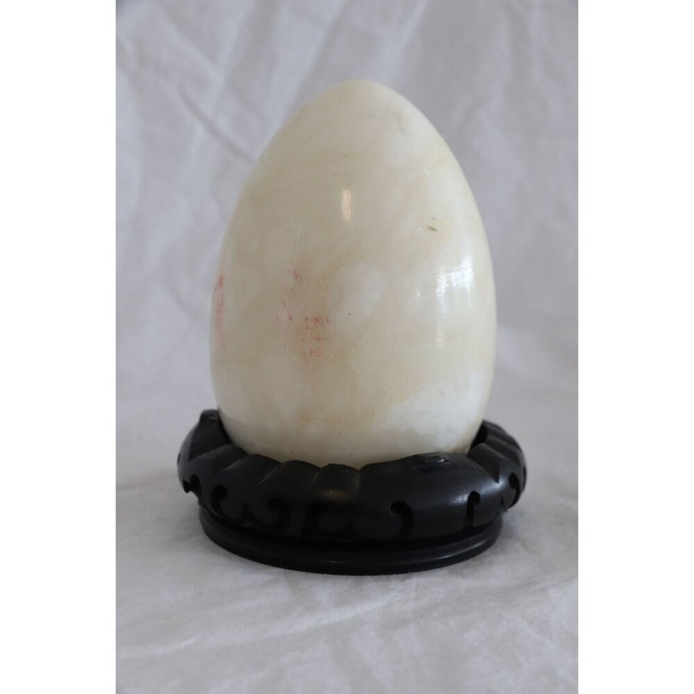 Vtg 1970's Italy Exquiste White Speckled Alabaster Marble Stone Egg On Teak Wood